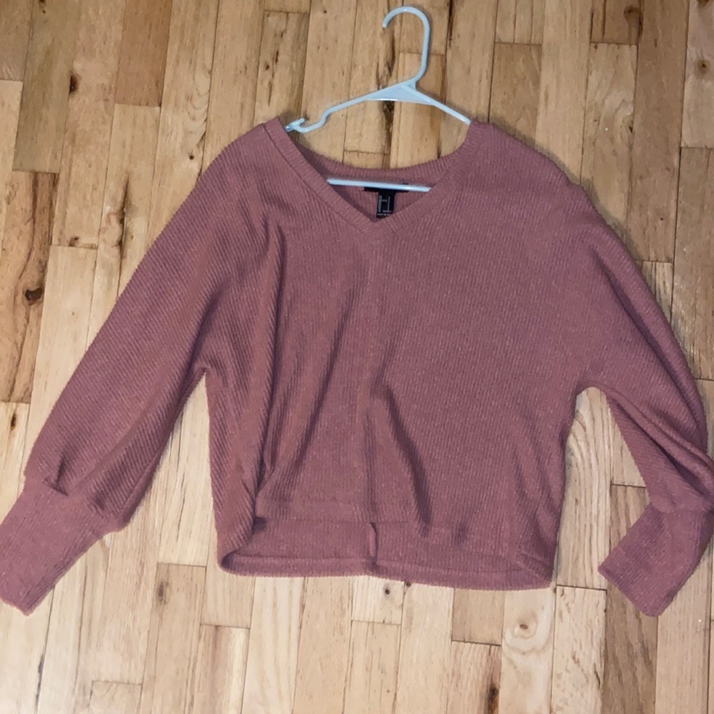 Forever 21 Dusty Rose Pink V-Neck Ribbed Knit Oversized Cropped Sweater